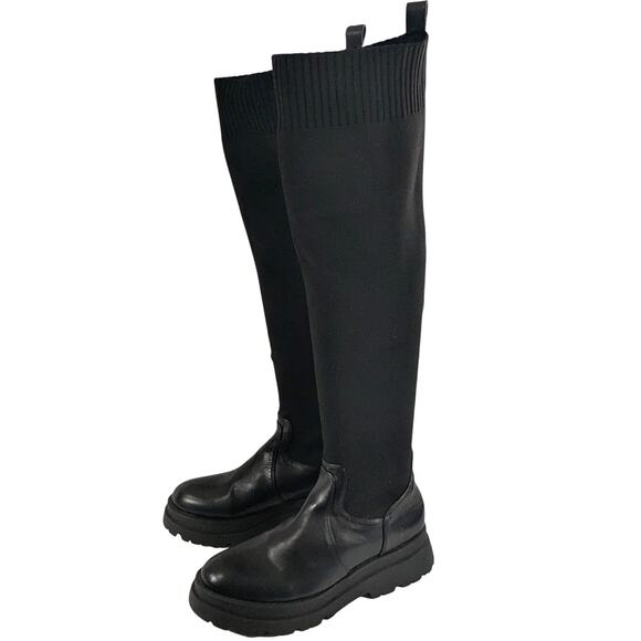 NWOT! NO DOUBT! BLACK VEGAN LEATHER & ELASTIC SKINTIGHT MILITARY BOOTS! SZ 10M - Picture 1 of 10